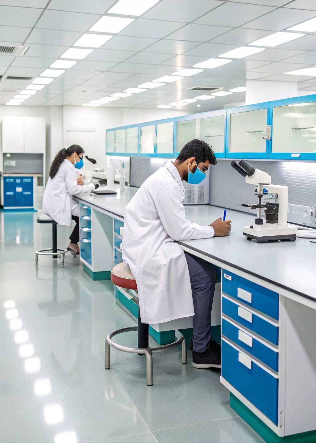 A team of researchers in lab coats focused on a computer, demonstrating collaboration in a lab setting.