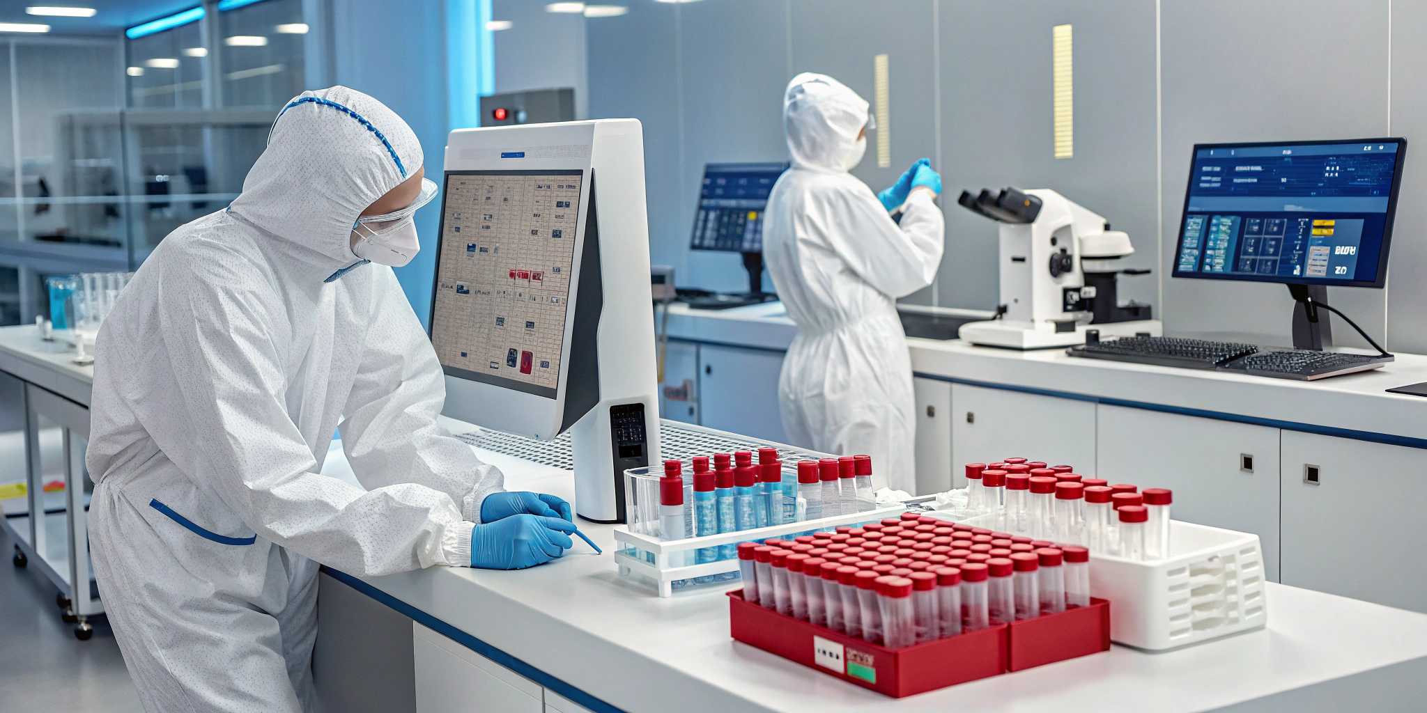Two scientists in white protective gear engaged in laboratory work, ensuring safety and precision.