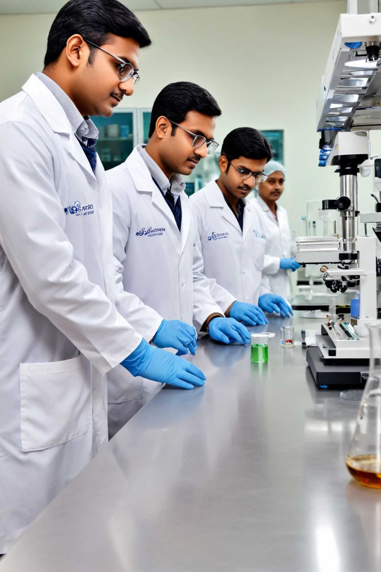Men in lab coats focused on a scientific task, demonstrating teamwork in a laboratory space.