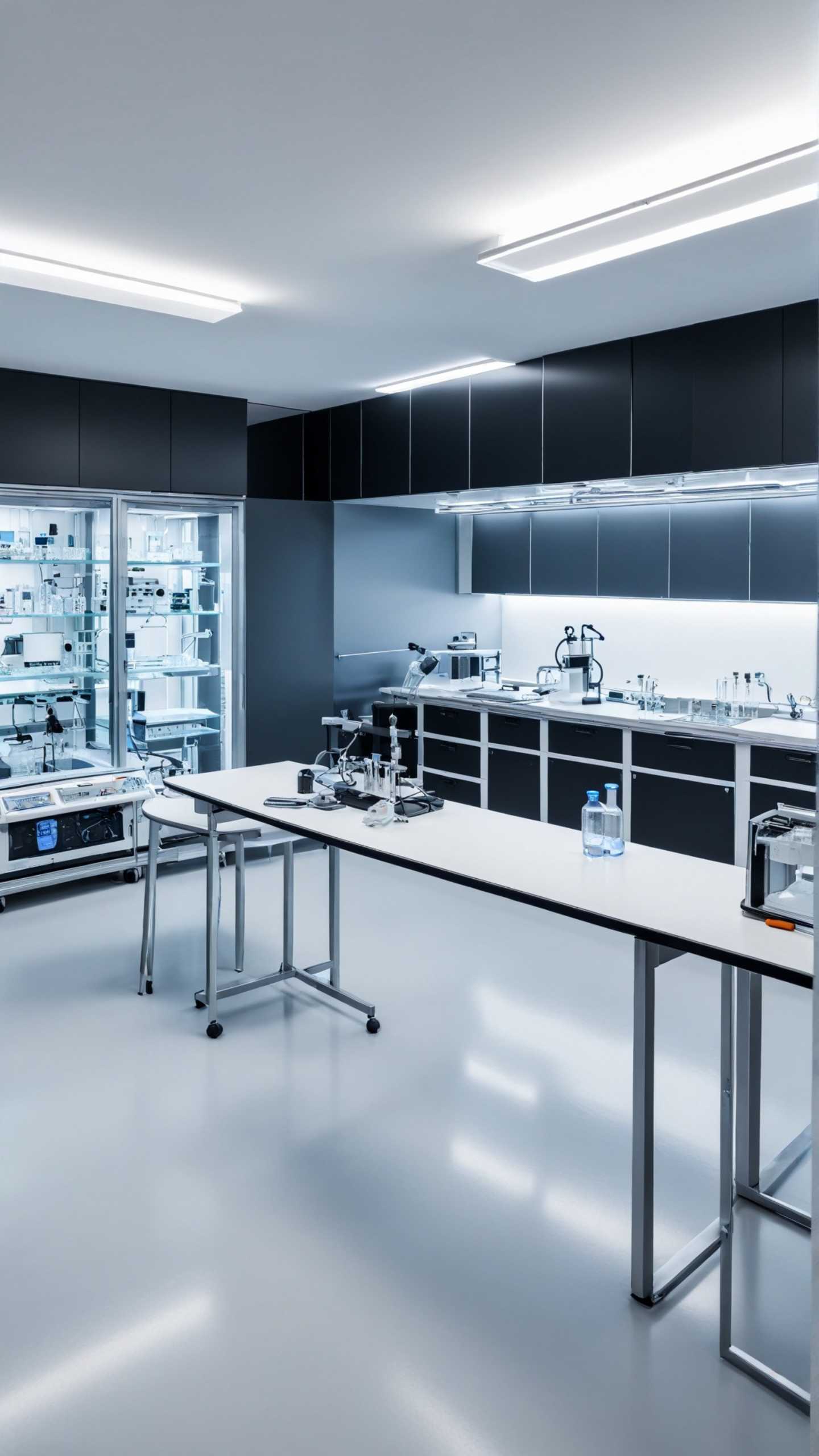 A laboratory featuring a spacious table and a large refrigerator, equipped for scientific research and experiments.