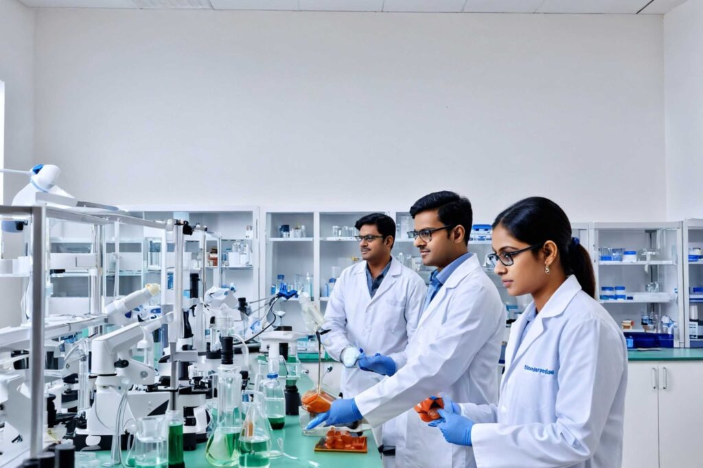 Three individuals in lab coats collaborating on a scientific project in a laboratory setting.